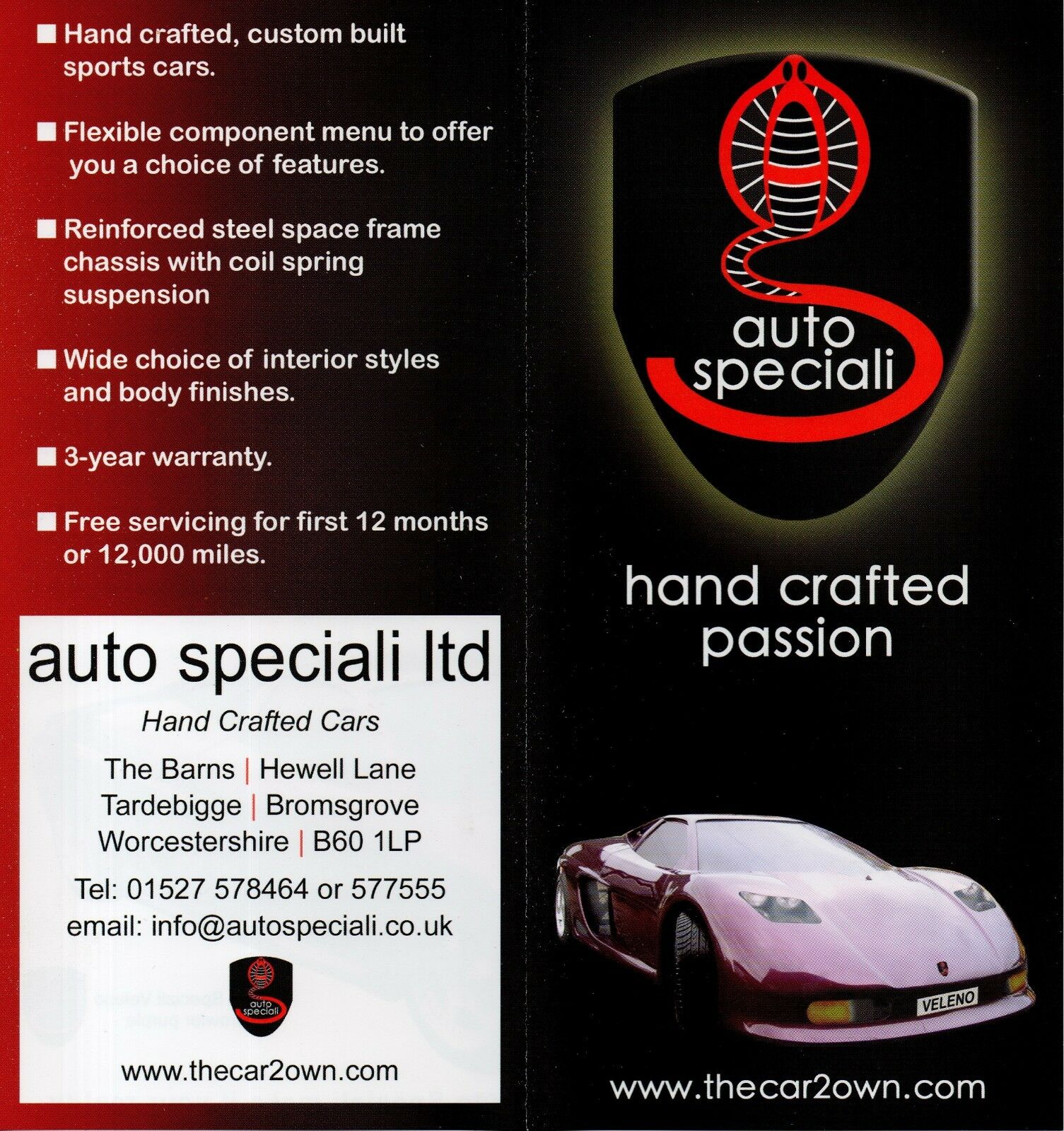 Auto Speciali Veleno car & kit car (made in GB) 2007 Brochure